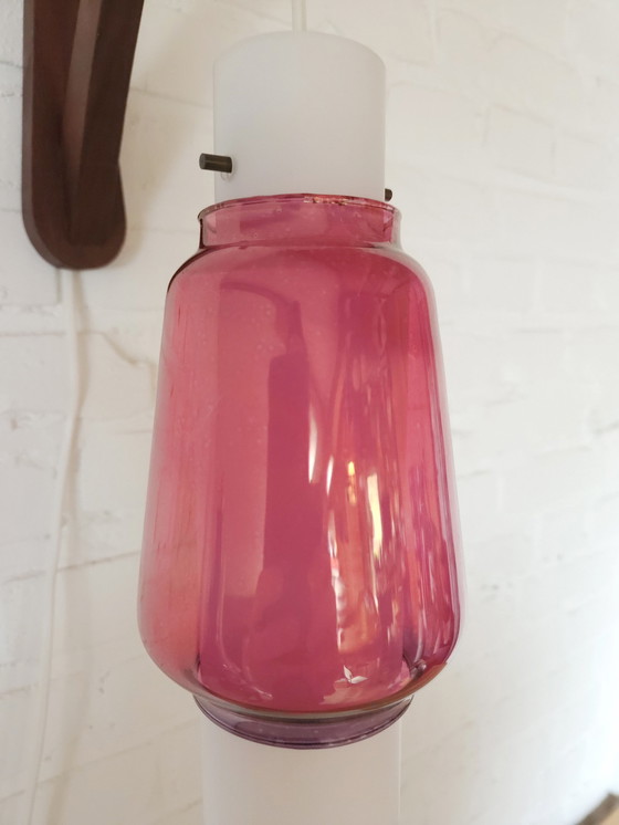 Image 1 of Mcm Wooden Wall Lamp With Double Glass Lampshade