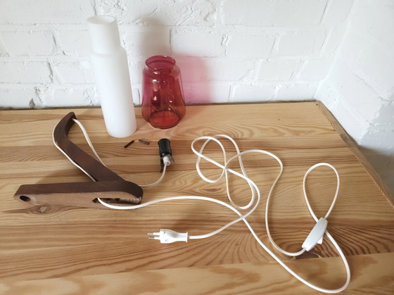 Image 1 of Mcm Wooden Wall Lamp With Double Glass Lampshade