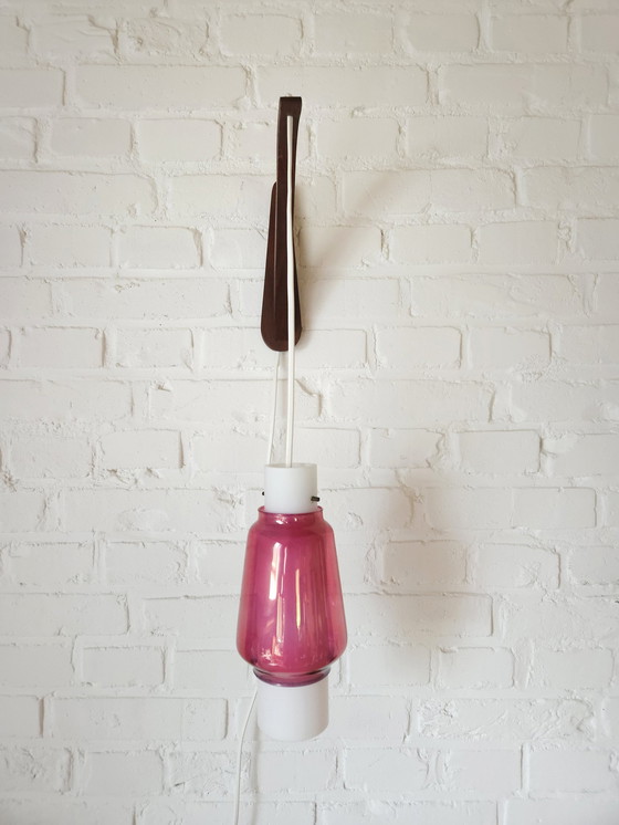 Image 1 of Mcm Wooden Wall Lamp With Double Glass Lampshade