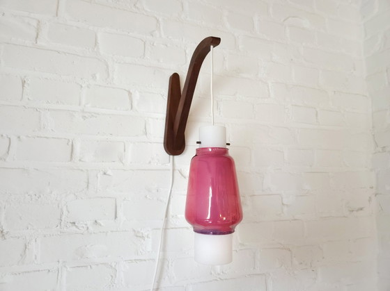 Image 1 of Mcm Wooden Wall Lamp With Double Glass Lampshade