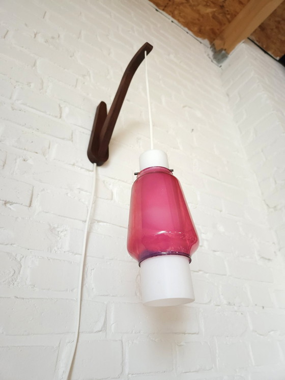 Image 1 of Mcm Wooden Wall Lamp With Double Glass Lampshade