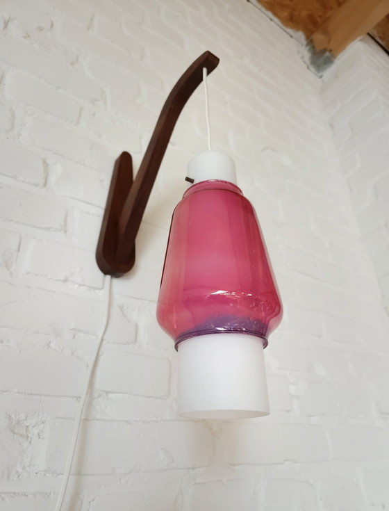 Image 1 of Mcm Wooden Wall Lamp With Double Glass Lampshade