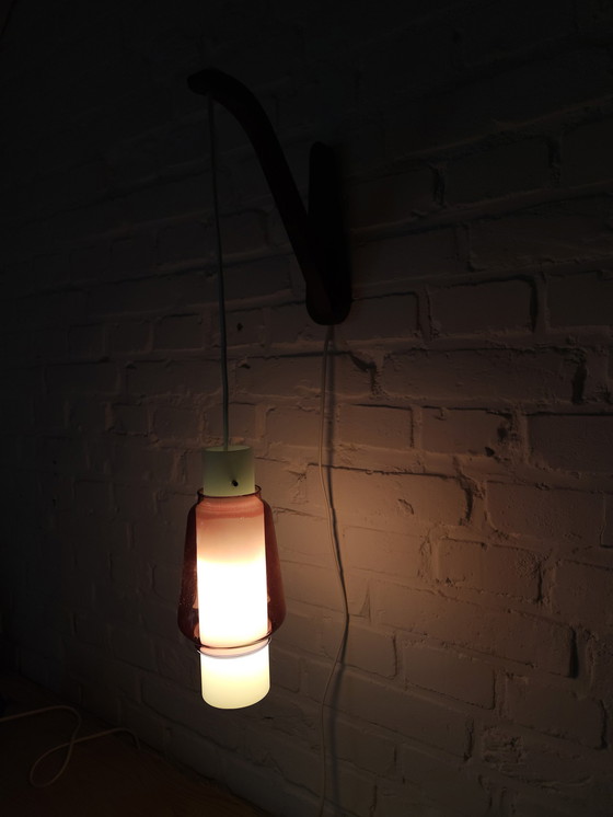 Image 1 of Mcm Wooden Wall Lamp With Double Glass Lampshade