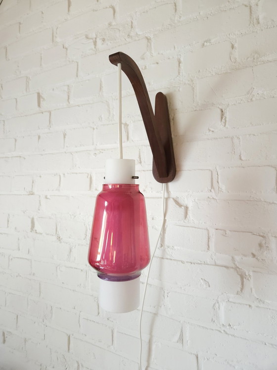 Image 1 of Mcm Wooden Wall Lamp With Double Glass Lampshade