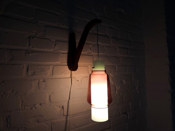 Image 1 of Mcm Wooden Wall Lamp With Double Glass Lampshade