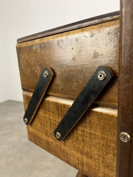 Image 1 of Banco de trabajo con patas de compás de madera de los años 60, muebles de modista