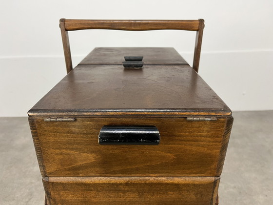 Image 1 of Banco de trabajo con patas de compás de madera de los años 60, muebles de modista