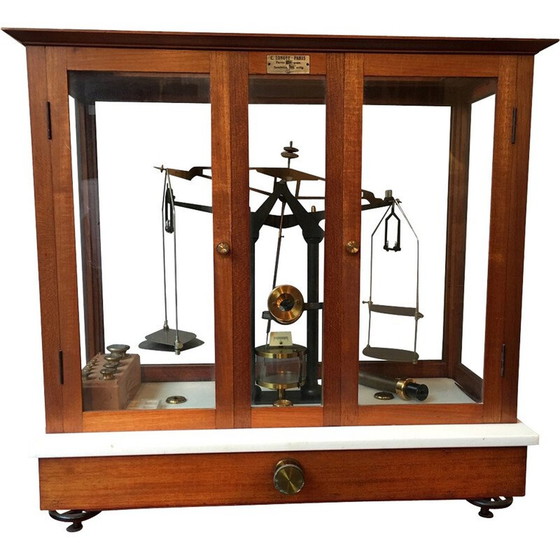 Image 1 of Vintage mahogany and brass laboratory balance, France 1930
