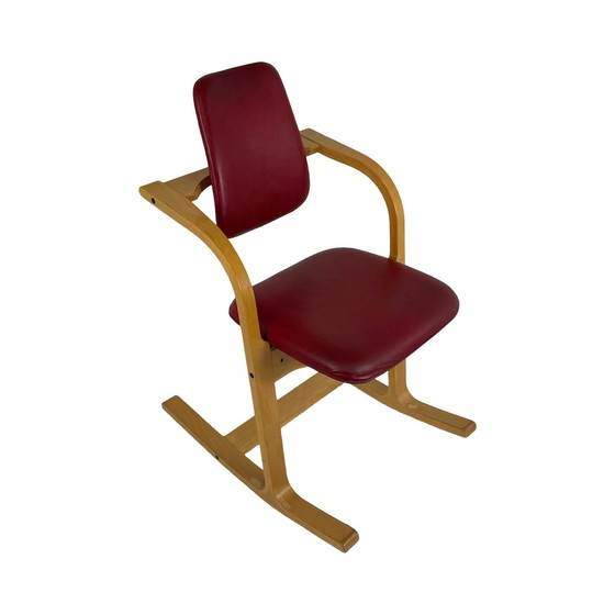 Image 1 of Peter Opsvik - Stokke - Actulum - Ergonomically Shaped Rocking Chair - Red Leather Upholstery And Wooden Frame