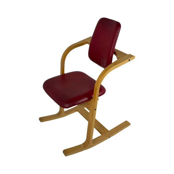 Image 1 of Peter Opsvik - Stokke - Actulum - Ergonomically Shaped Rocking Chair - Red Leather Upholstery And Wooden Frame