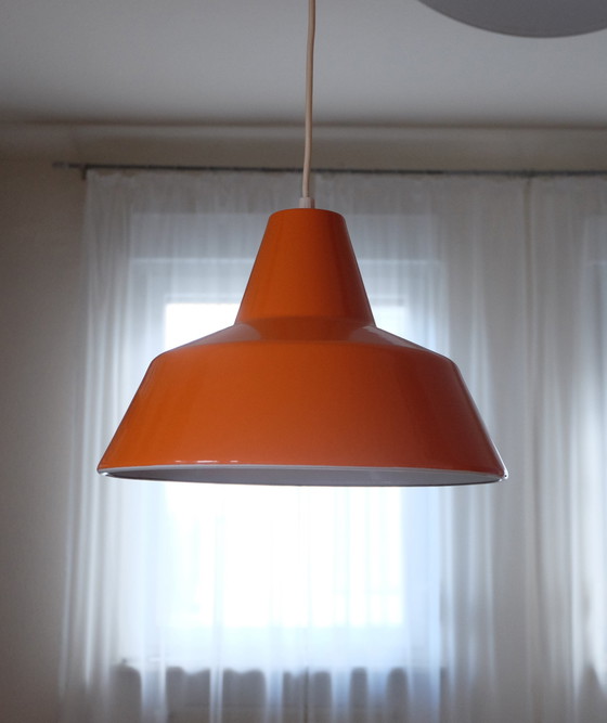 Image 1 of Hanging lamp metal enameled orange 1970