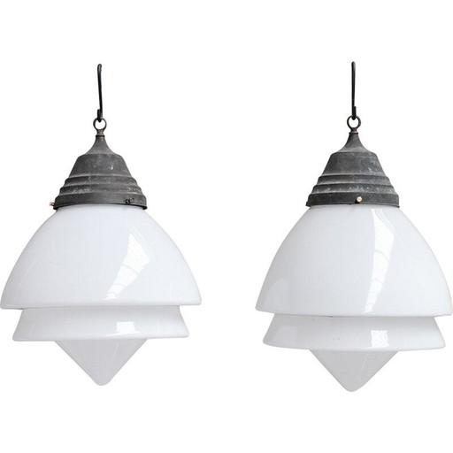 Set of 3 vintage opaline glass pendant lamp, France 1920