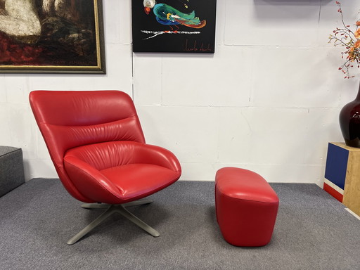 Leolux Hilco Fauteuil pivotant + pouf Rouge