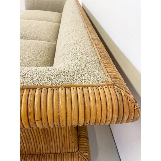 Image 1 of Mid-century three seater in beige boucle fabric and rattan, Italy 1960s