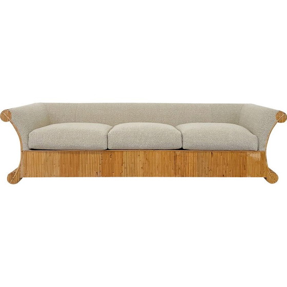 Image 1 of Mid-century three seater in beige boucle fabric and rattan, Italy 1960s