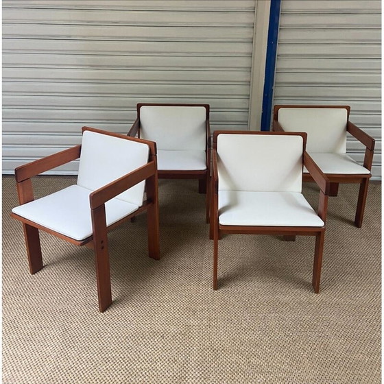 Image 1 of Set of 4 armchairs in wood and white skai by Reguitti, 1972s