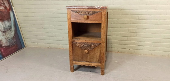 Image 1 of Vintage Solid Oak And Marble Top Night Stand Cabinet 