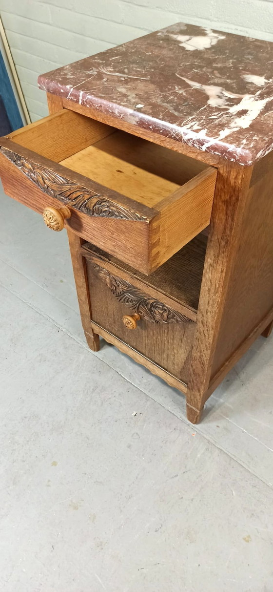 Image 1 of Vintage Solid Oak And Marble Top Night Stand Cabinet 