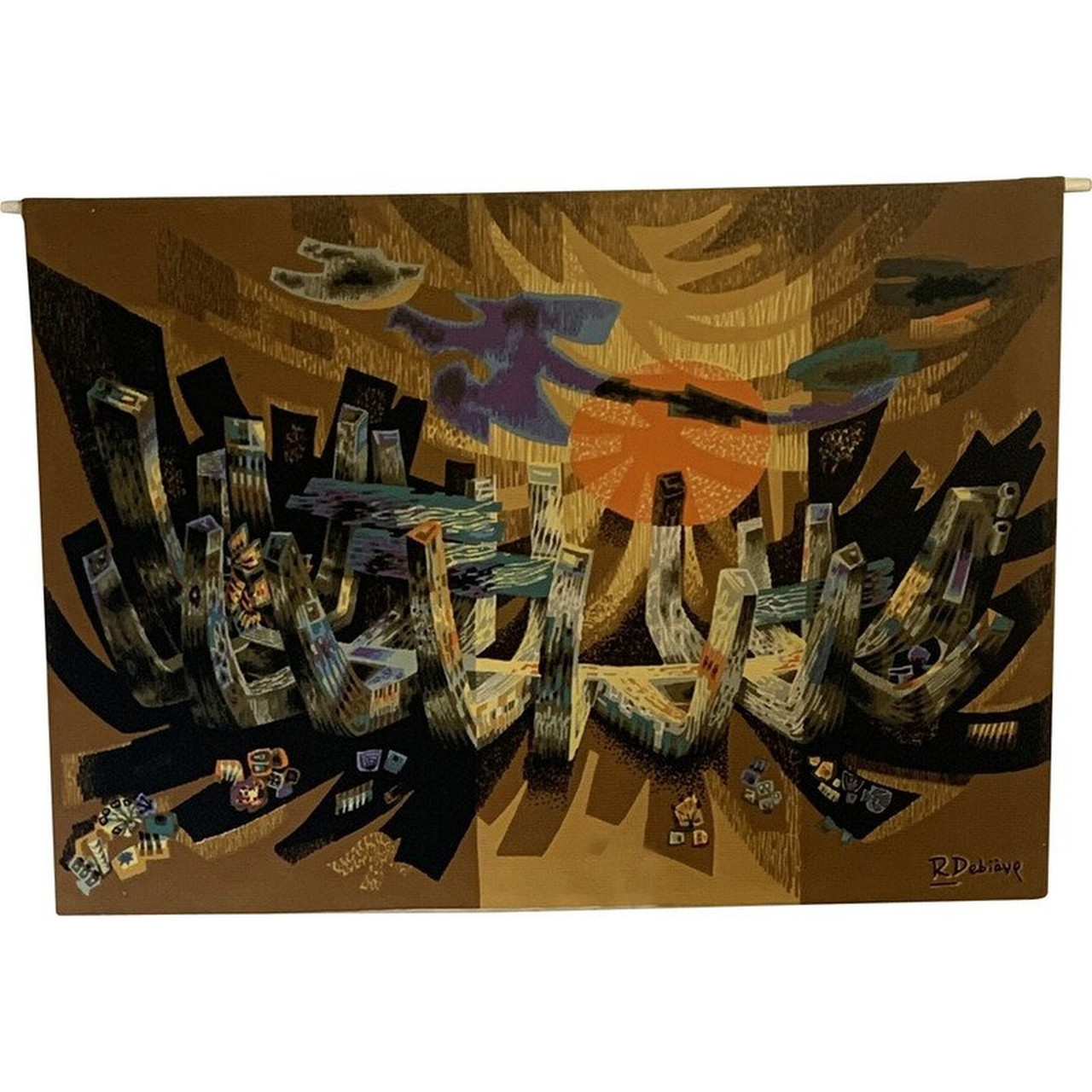 Tapisserie Vintage Robert Debieve - Fleurs De Soleil, 100% Laine, Multicolore