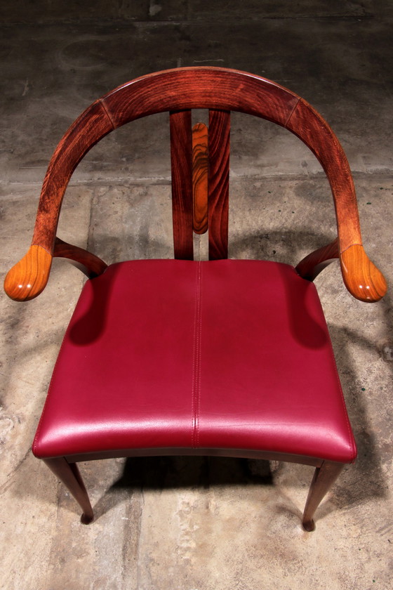 Image 1 of Giorgetti Progetti Chaise de bureau en bois avec assise en cuir rouge