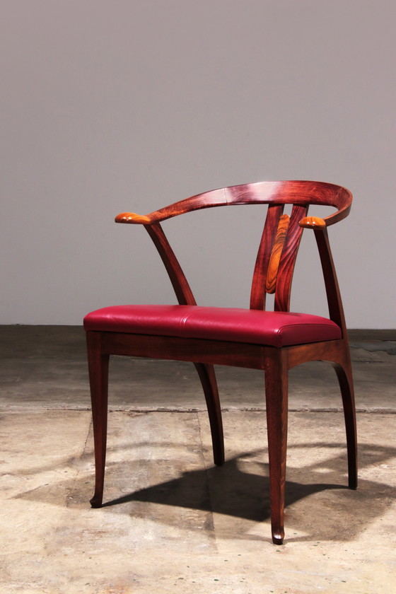 Image 1 of Giorgetti Progetti Chaise de bureau en bois avec assise en cuir rouge