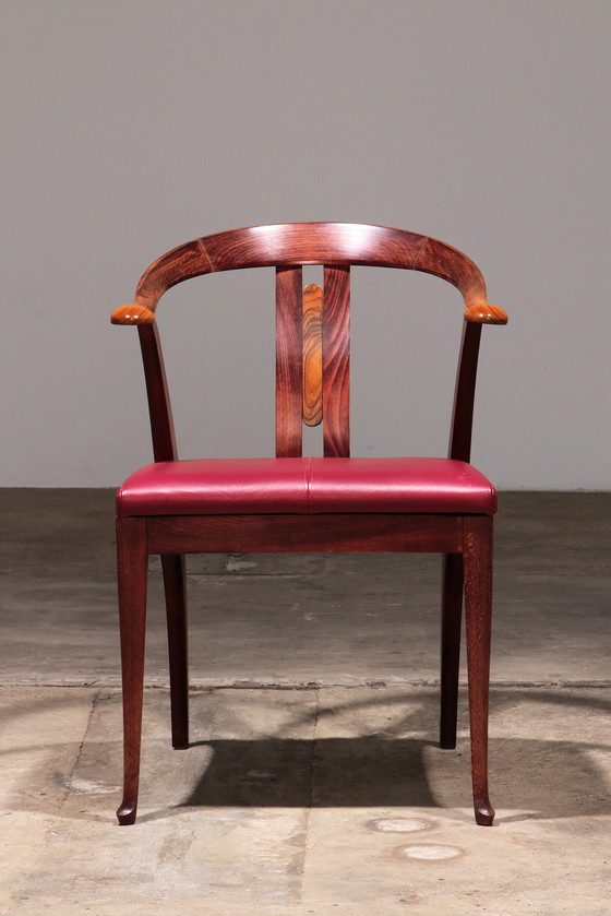 Image 1 of Giorgetti Progetti Chaise de bureau en bois avec assise en cuir rouge