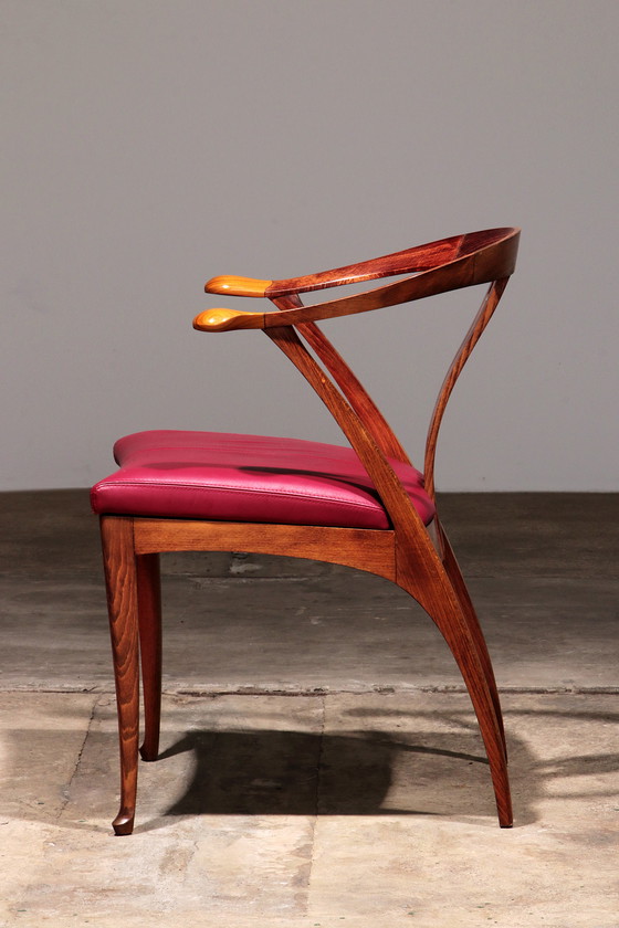 Image 1 of Giorgetti Progetti Chaise de bureau en bois avec assise en cuir rouge