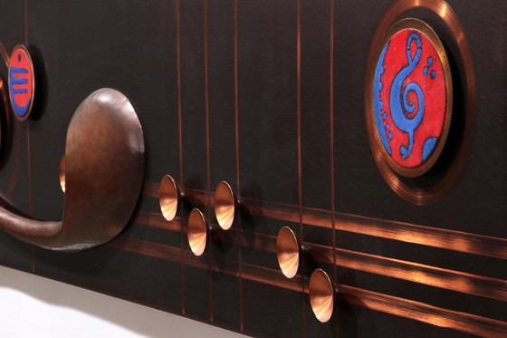 Image 1 of Handmade Copper Wall Art with Enamel Details - Music Line Design