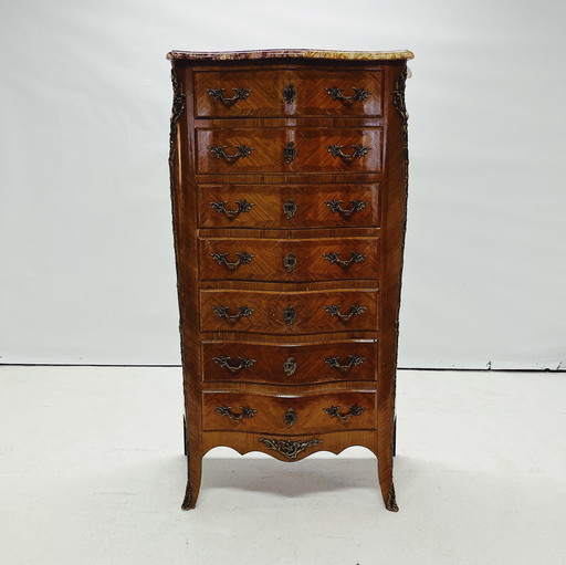 Elegant Louis Xv Walnut Chest Of Drawers With Marble Top