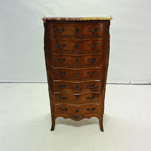 Elegant Louis Xv Walnut Chest Of Drawers With Marble Top