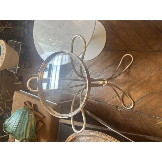 Image 1 of Vintage tripod pedestal table in silver metal and glass top, 1960