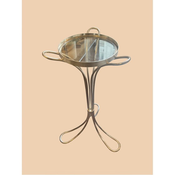 Image 1 of Vintage tripod pedestal table in silver metal and glass top, 1960