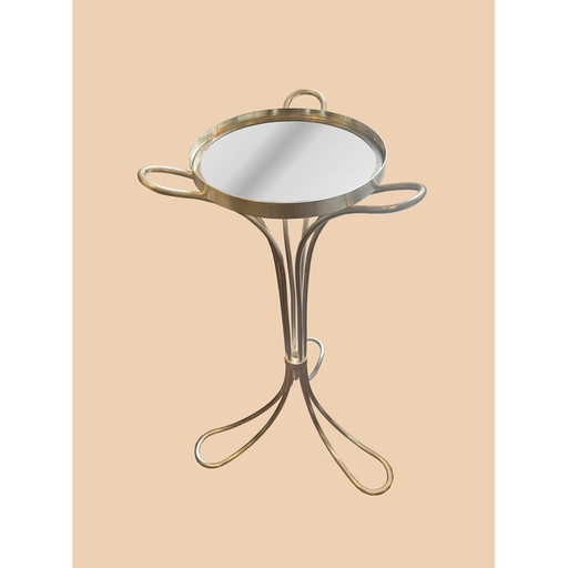 Vintage tripod pedestal table in silver metal and glass top, 1960