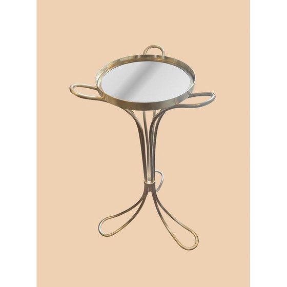 Image 1 of Vintage tripod pedestal table in silver metal and glass top, 1960