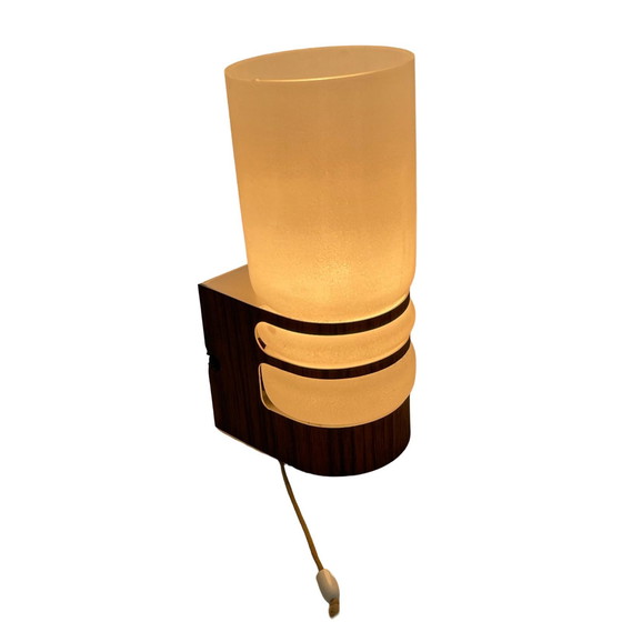 Image 1 of Vintage - Wall Mounted Lamp With Original Shade - Faux Teak Mounting - 1970’S