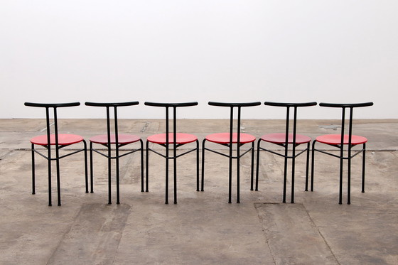 Image 1 of Chaises de table de salle à manger postmoderne avec assise rouge - Lot de 6