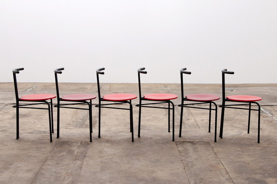 Image 1 of Chaises de table de salle à manger postmoderne avec assise rouge - Lot de 6