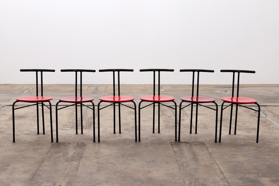 Image 1 of Chaises de table de salle à manger postmoderne avec assise rouge - Lot de 6