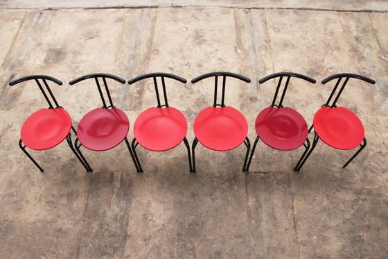 Image 1 of Chaises de table de salle à manger postmoderne avec assise rouge - Lot de 6