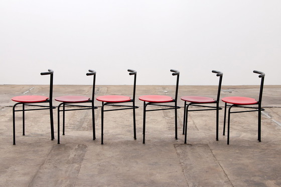 Image 1 of Chaises de table de salle à manger postmoderne avec assise rouge - Lot de 6