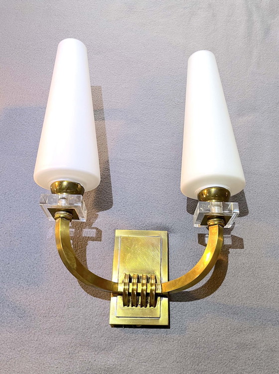 Image 1 of Pair Maison Lunel Neoclassical Art-Deco Bronze Sconces, France, 1950S