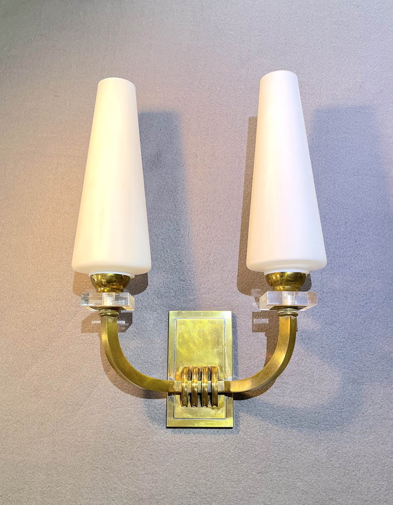 Image 1 of Pair Maison Lunel Neoclassical Art-Deco Bronze Sconces, France, 1950S