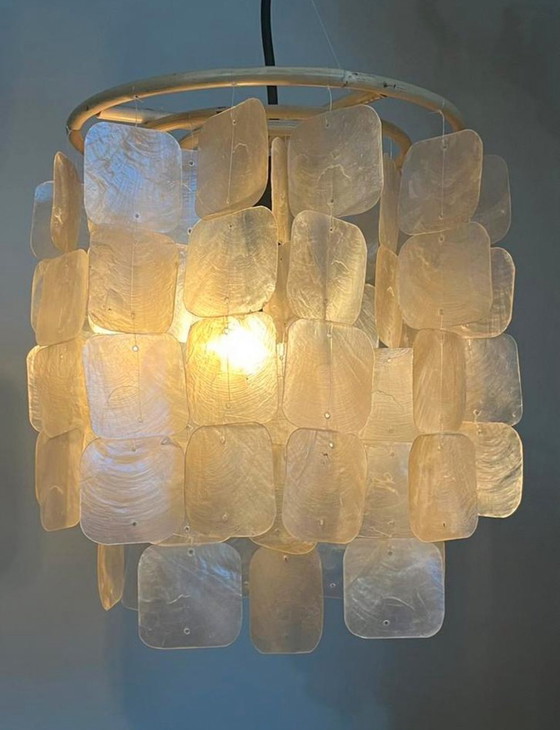 Image 1 of Set Of 2 Capiz Shell Pendant Lamps Bamboo Frame