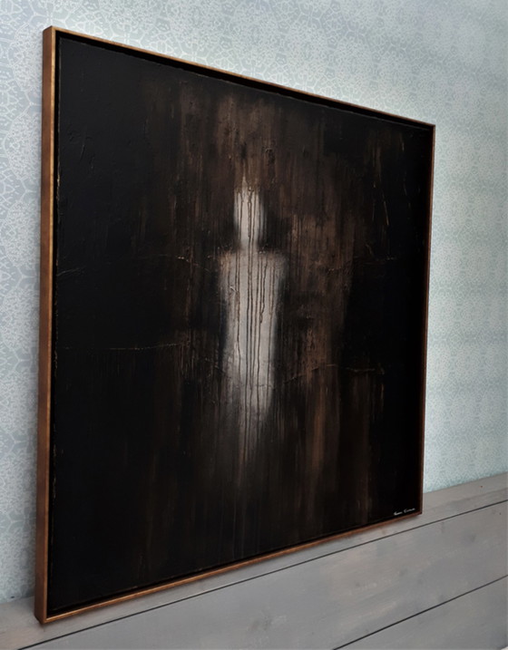 Image 1 of Frances Eckhardt - peinture figurative sombre 90x90 cm + cadre