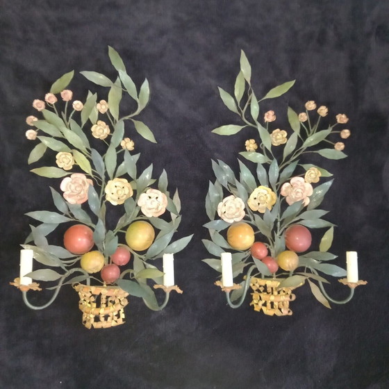 Image 1 of Giant And Rare Superb Pair Of Antique Iron Sheet Wall Lights Fruit And Flower