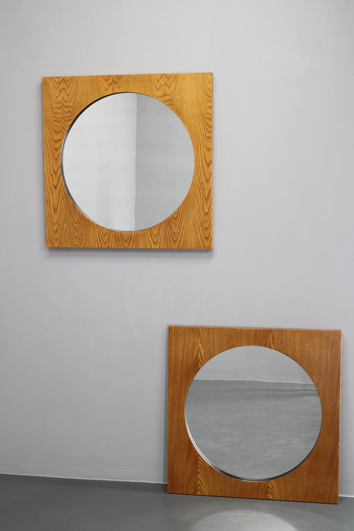 1970S Pair Of Oak Large Square Mirrors, Czechoslovakia