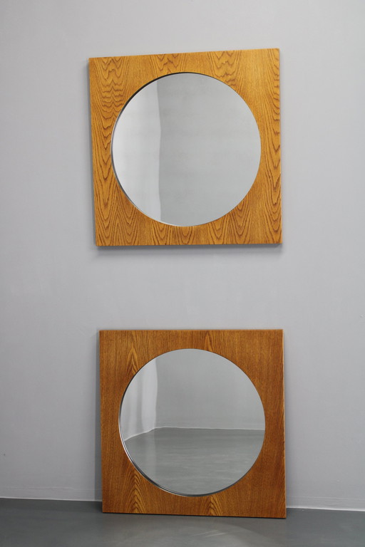 1970S Pair Of Oak Large Square Mirrors, Czechoslovakia