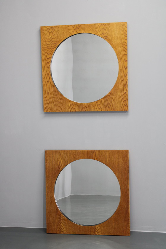 Image 1 of 1970S Pair Of Oak Large Square Mirrors, Czechoslovakia