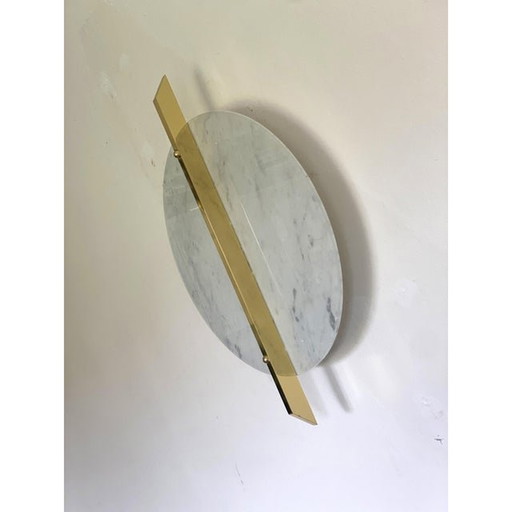 Italian Wall Light In White Carrara Marble Disc And Brass Metal Frame By Simoeng