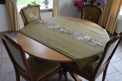 Old Wooden Dining Room Set - With Embroidered Chairs